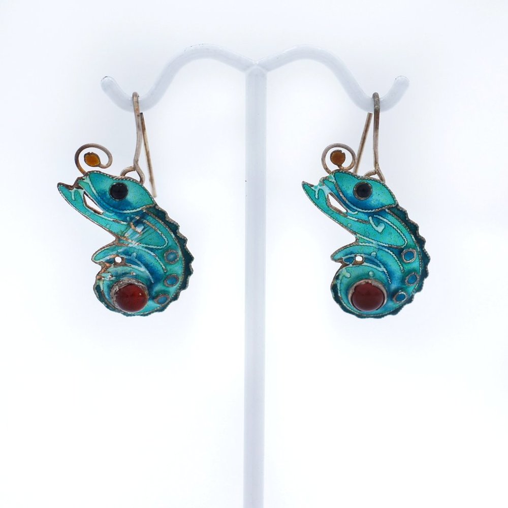 Zarah 925 Sterling Silver Enamel Vintage Chameleon Dangle Earrings